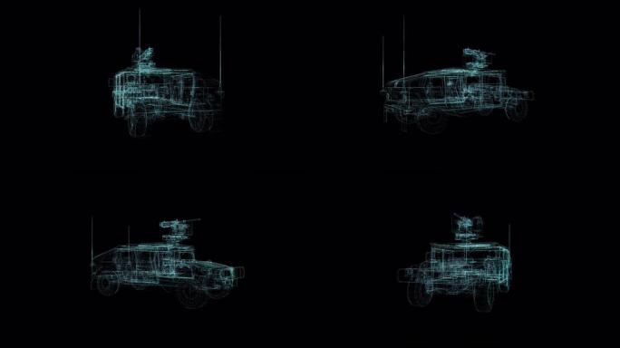 军用装甲车全息图线框。黑色背景上的漂亮3D动画，未来项目的无缝循环