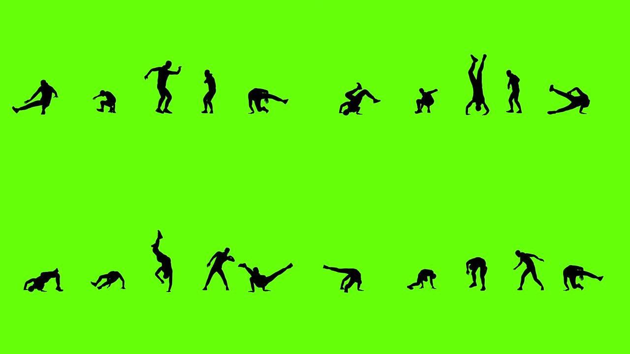 霹雳舞团队剪影舞蹈，慢动作，绿屏
