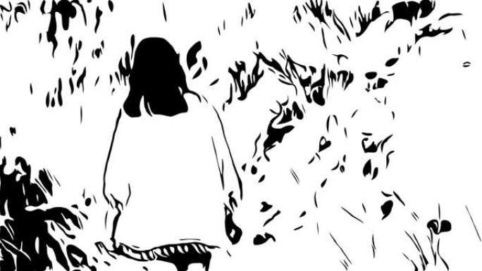 手绘，涂鸦卡通风格，年轻的亚洲旅游妇女独自行走在杂草丛生的干燥植物，极端地形场景