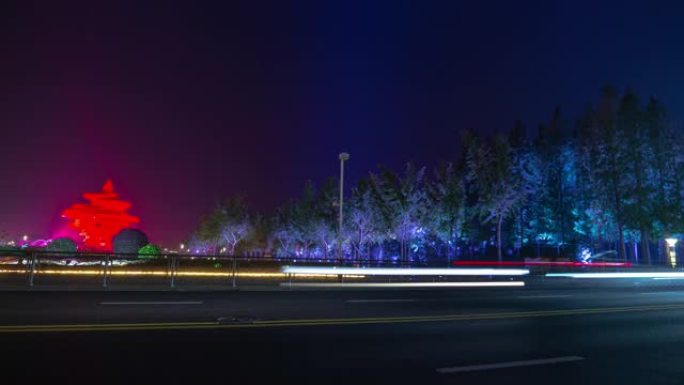 夜间照明青岛市著名海湾纪念碑交通街延时全景4k中国