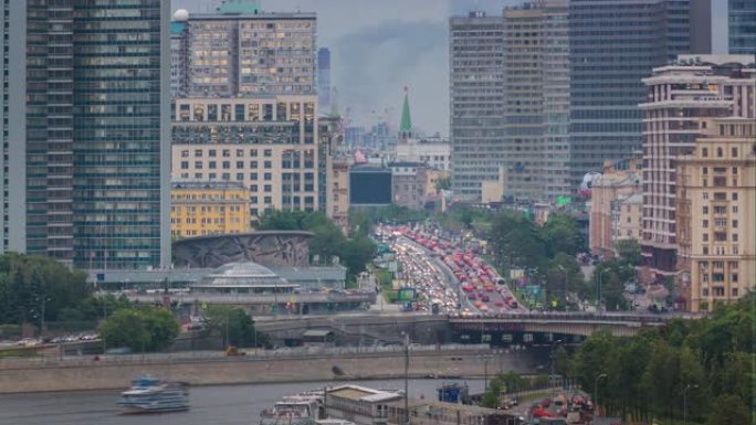 暮光之城莫斯科市交通河畔新阿尔巴特街屋顶全景4k俄罗斯