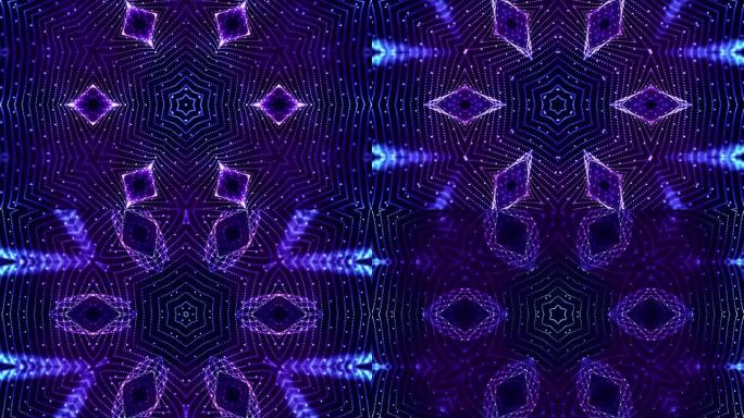 4k循环科幻3d背景与辉光蓝色粒子形成线，表面，复杂的对称结构，如万花筒中的恒星。微世界或纳米技术的
