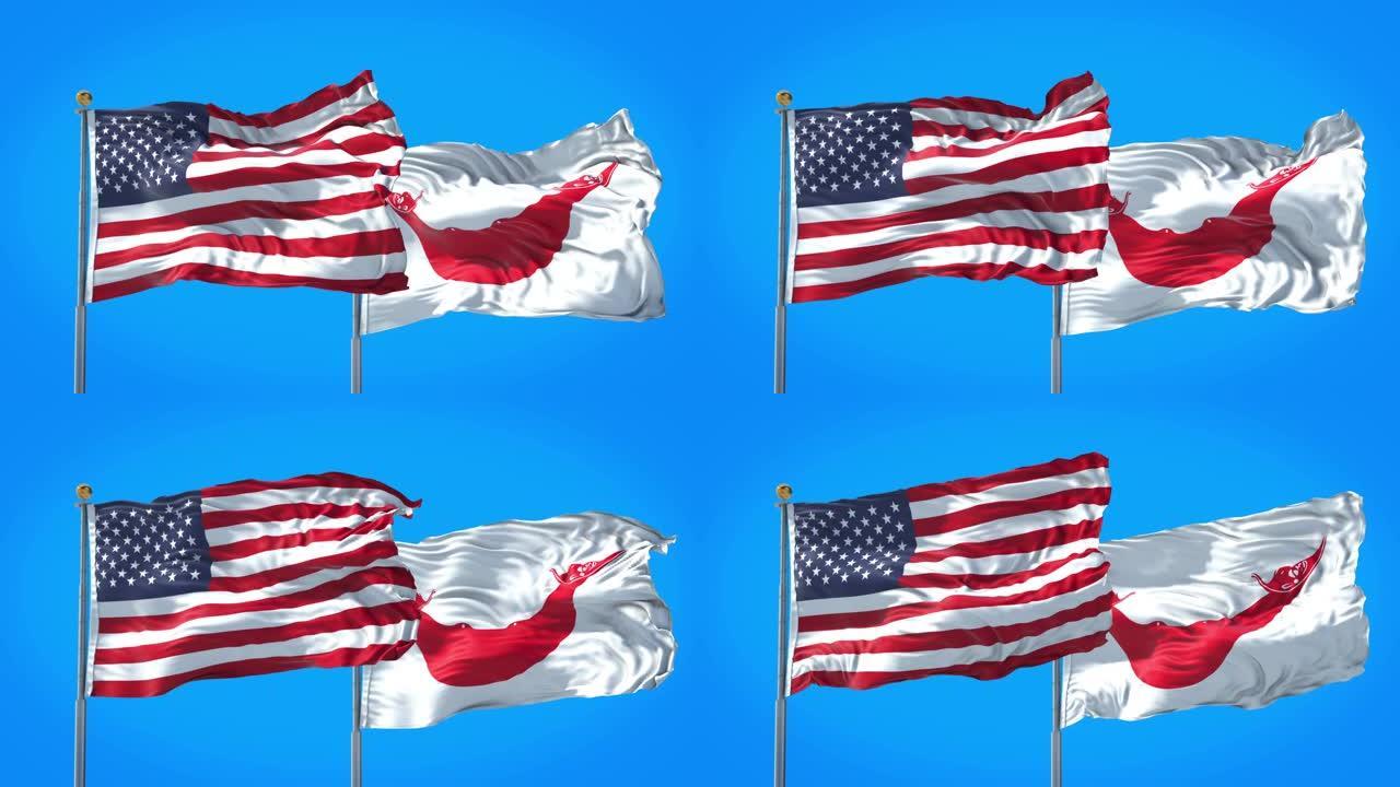 复活节岛拉帕努伊岛和美国国旗一起在深蓝色的天空中飘扬。高清3D渲染。