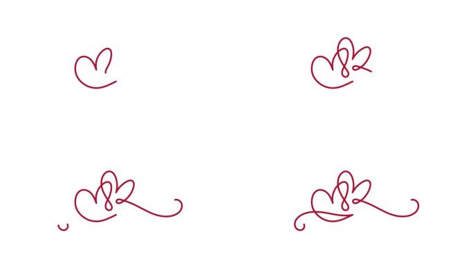 两个单线红色恋人红心动画标志。虚拟情人节卡片手工书法。贺卡视频全高清装饰、照片覆盖、传单、设计