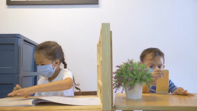 姐姐和哥哥戴着医用口罩在家学习。