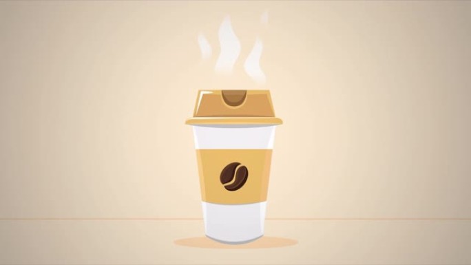 咖啡杯中的热咖啡，带有蒸汽，可用于咖啡屋标志或咖啡屋电子菜单，米色背景。2d动画、卡通、视频剪辑