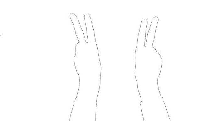 在白色背景上显示两个手指手势标志胜利的手的轮廓草图