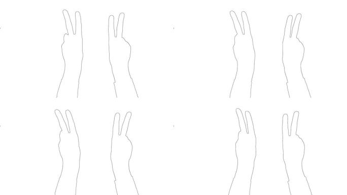 在白色背景上显示两个手指手势标志胜利的手的轮廓草图