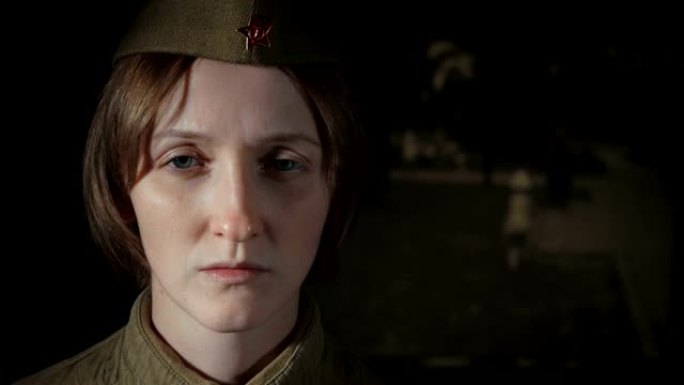 年轻女子身着苏联红军制服悲伤的录像