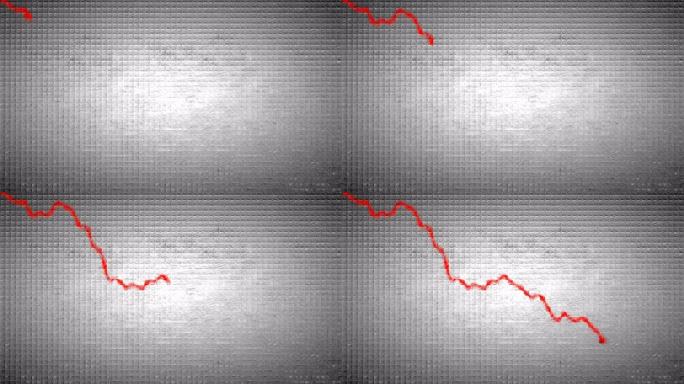 红色图表随着经济衰退或金融危机3d动画在图表上向下移动