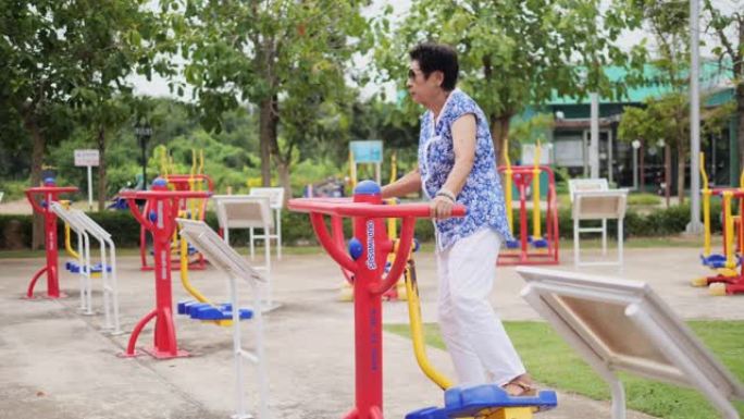 亚洲高级女性在户外锻炼。