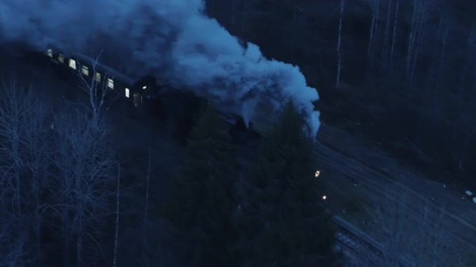 蒸汽火车在夜间冬季森林中滚动的航拍