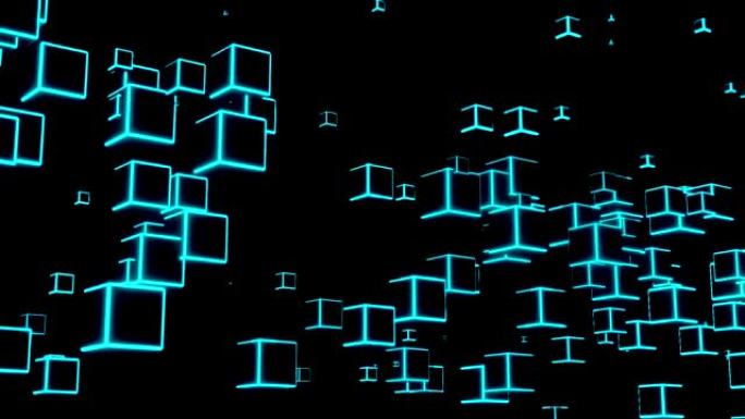 霓虹灯立方体块网络未来飞行矩阵数字技术动画3D渲染