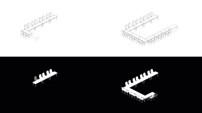 会议室设置布局配置u型风格，白色背景动画4K上的3D虚拟等距概念设计插图，带哑光阿尔法通道的复制空间