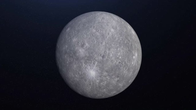 恒星背景上旋转的行星水星的抽象动画。动画。水星行星的抽象灰色表面。水星行星背景的行星动画