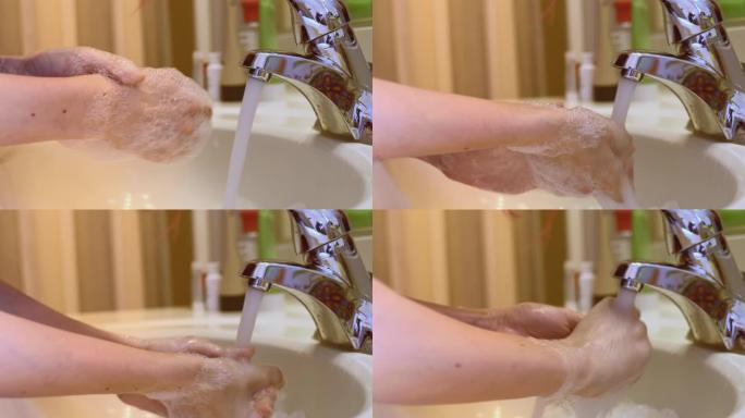 用消毒擦拭的浴室中年轻女子的手部清洁表面的特写镜头。
