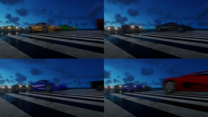 穿过人行横道的3D速度赛车的夜景