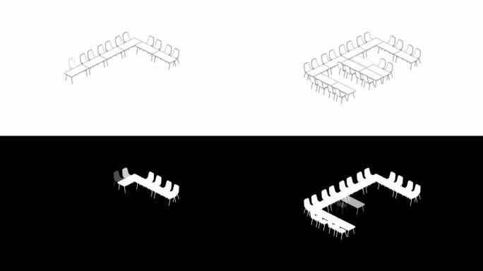 会议室设置布局配置E形状风格，白色背景动画4K上的3D虚拟等距概念设计插图，带哑光阿尔法通道的复制空