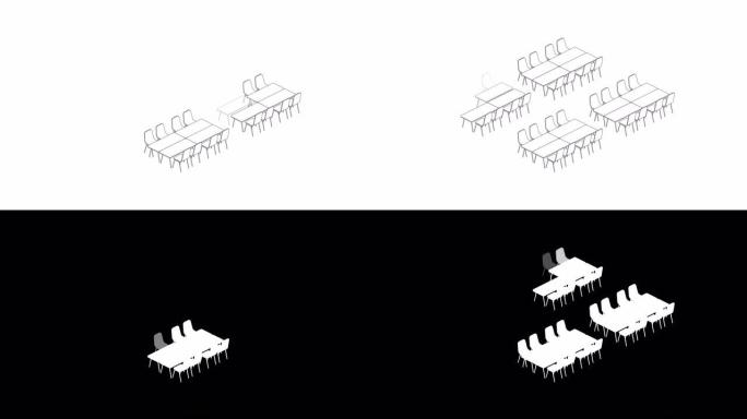 会议室设置布局配置宴会风格，白色背景动画4K上的3D虚拟等距概念设计插图，带哑光阿尔法通道的复制空间
