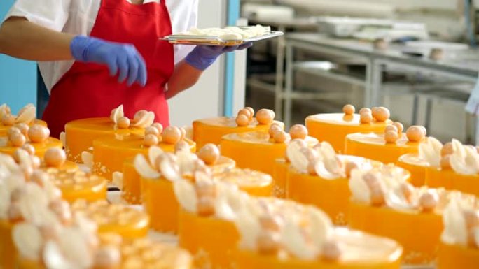 糖果的生产。工厂装饰蛋糕的过程