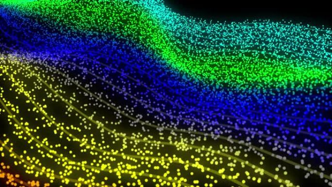 彩色粒子原子波抽象无缝运动动画，黑色背景上的3D渲染