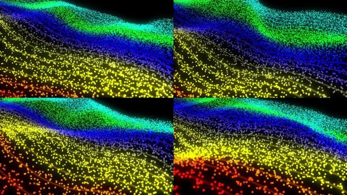 彩色粒子原子波抽象无缝运动动画，黑色背景上的3D渲染