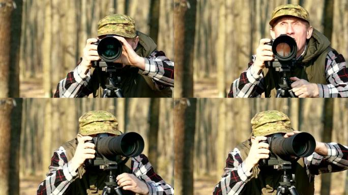 4K.Fa 4K。风景摄影师的脸与秋天的木头相机一起工作风景摄影师的ce与秋天的木头相机一起工作