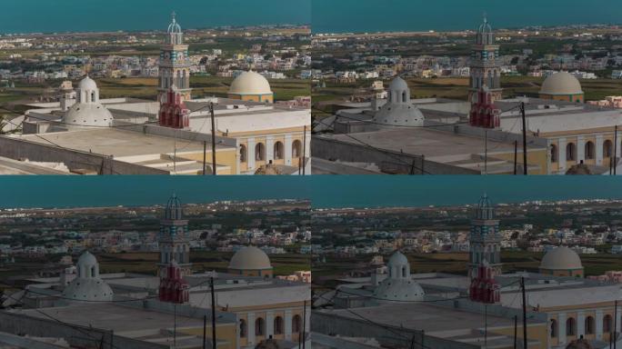 圣托里尼岛菲拉镇教堂钟楼屋顶全景4k延时希腊