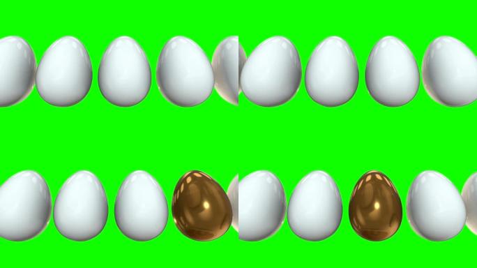 金蛋排成一排。3D渲染。复活节，出众，商业概念。