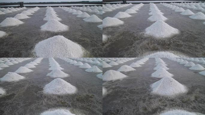 海盐、有机海盐蒸发和海水结晶的鸟瞰图白色金字塔