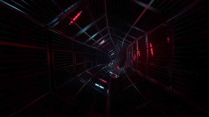 红光逼真的科幻黑暗走廊。带有垃圾金属墙的未来派隧道。赛博朋克隧道。内部视图。现代未来主义大厅。3D渲