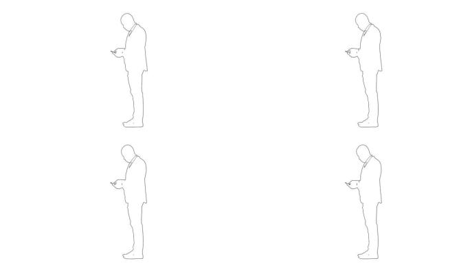 西装领带男人的轮廓草图是用手机在白色背景上写的信息