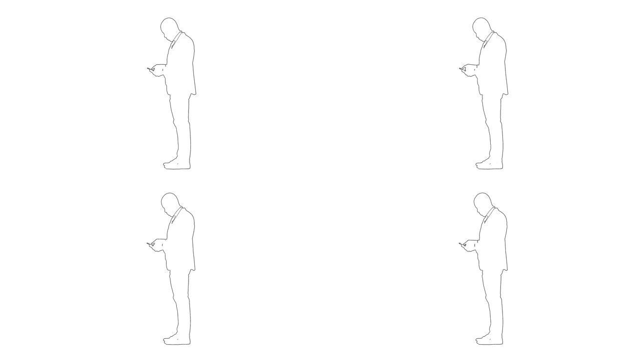西装领带男人的轮廓草图是用手机在白色背景上写的信息
