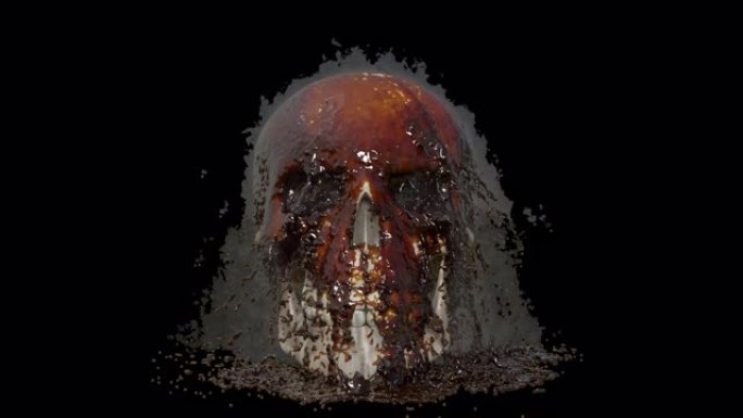 热气腾腾的石油倒在人类头骨上。带有alpha通道的VFX动画。