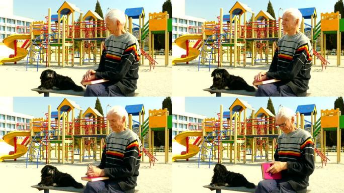 老人带着一本书和一只狗在一个空操场的背景下的长凳上