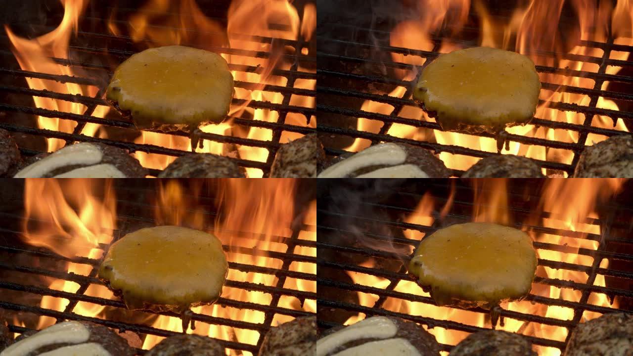 在火热的烤架上的芝士汉堡和鸡肉的特写视频剪辑