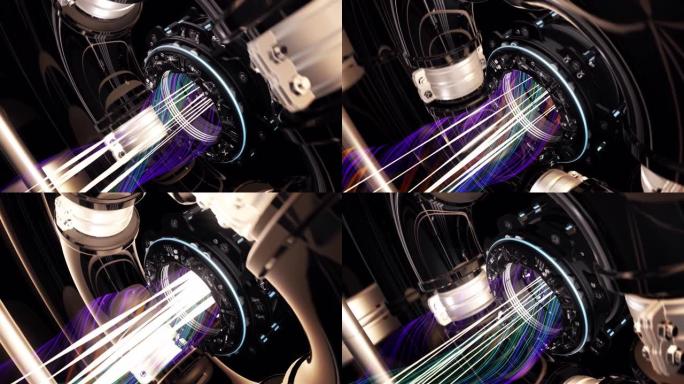 抽象的3d未来派旋转涡轮机，许多光线来自其中心的黑色背景，无缝循环。动画。火箭的插图细节，太空概念