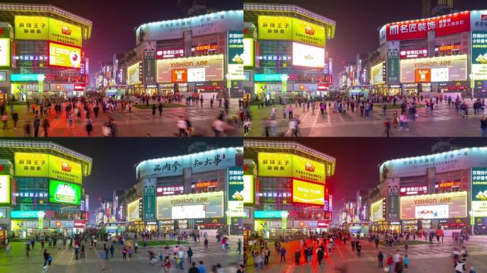 夜间照明长沙市中心著名步行街拥挤广场屋顶全景延时4k中国