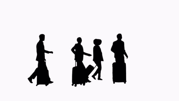 剪影四个不同的商务人士，行李托运信息板在火车或飞机上迟到
