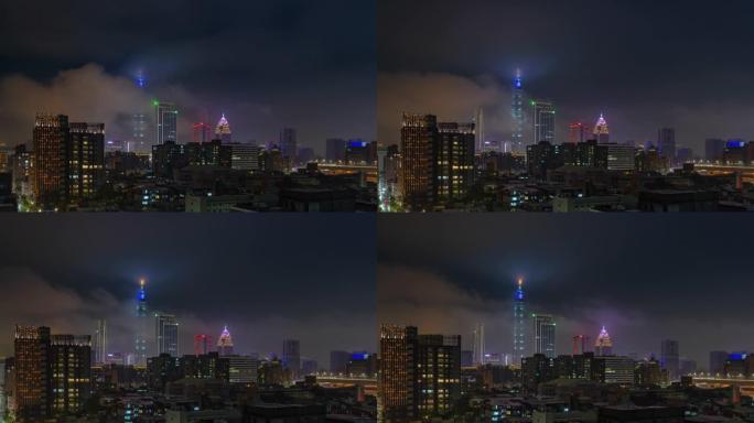 夜间照明台北市市区屋顶全景4k延时台湾