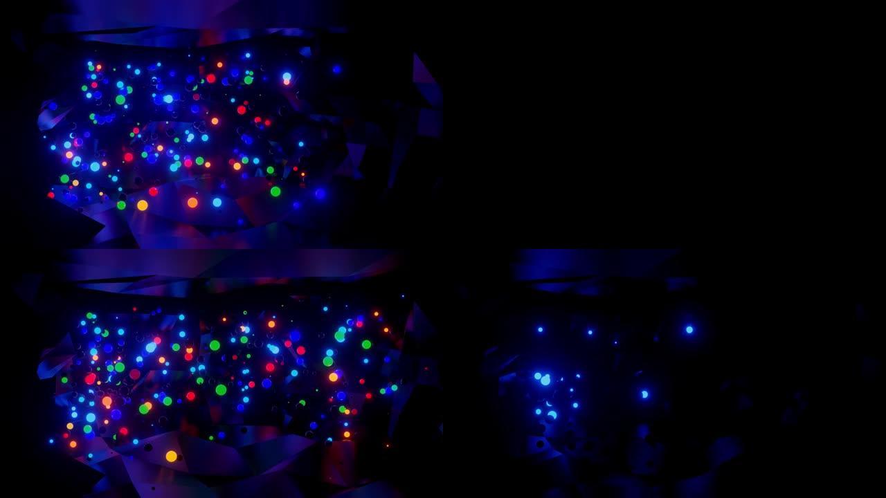 3D抽象创意动画背景与霓虹灯发光多色球体在相机内，反射墙壁。夜光球在黑暗的室内飞行。霓虹灯球飞得很漂
