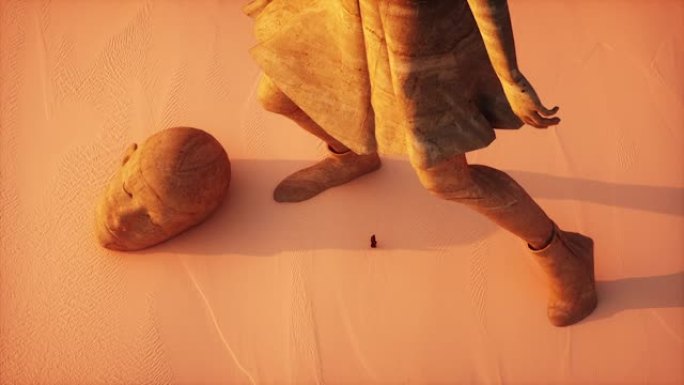 沙漠景观的3d动画，古老的石像埋在沙子中
