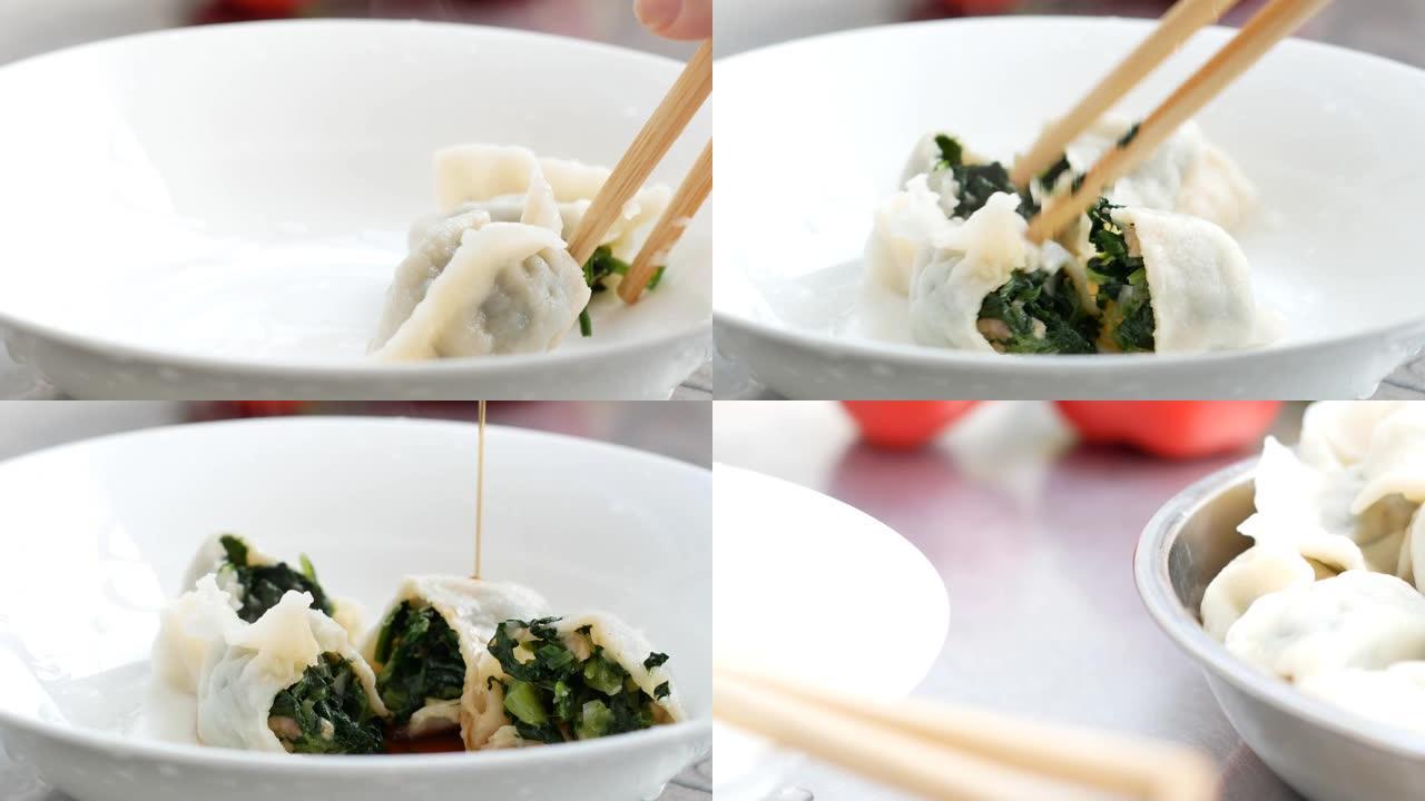 用筷子打开水饺吃饺子吃早餐