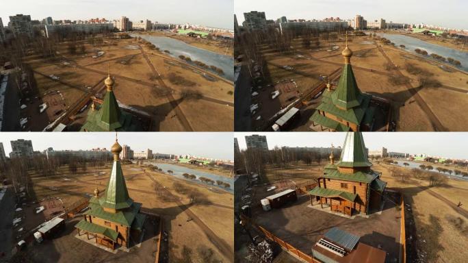 鸟瞰图。木制东正教寺庙。4K。