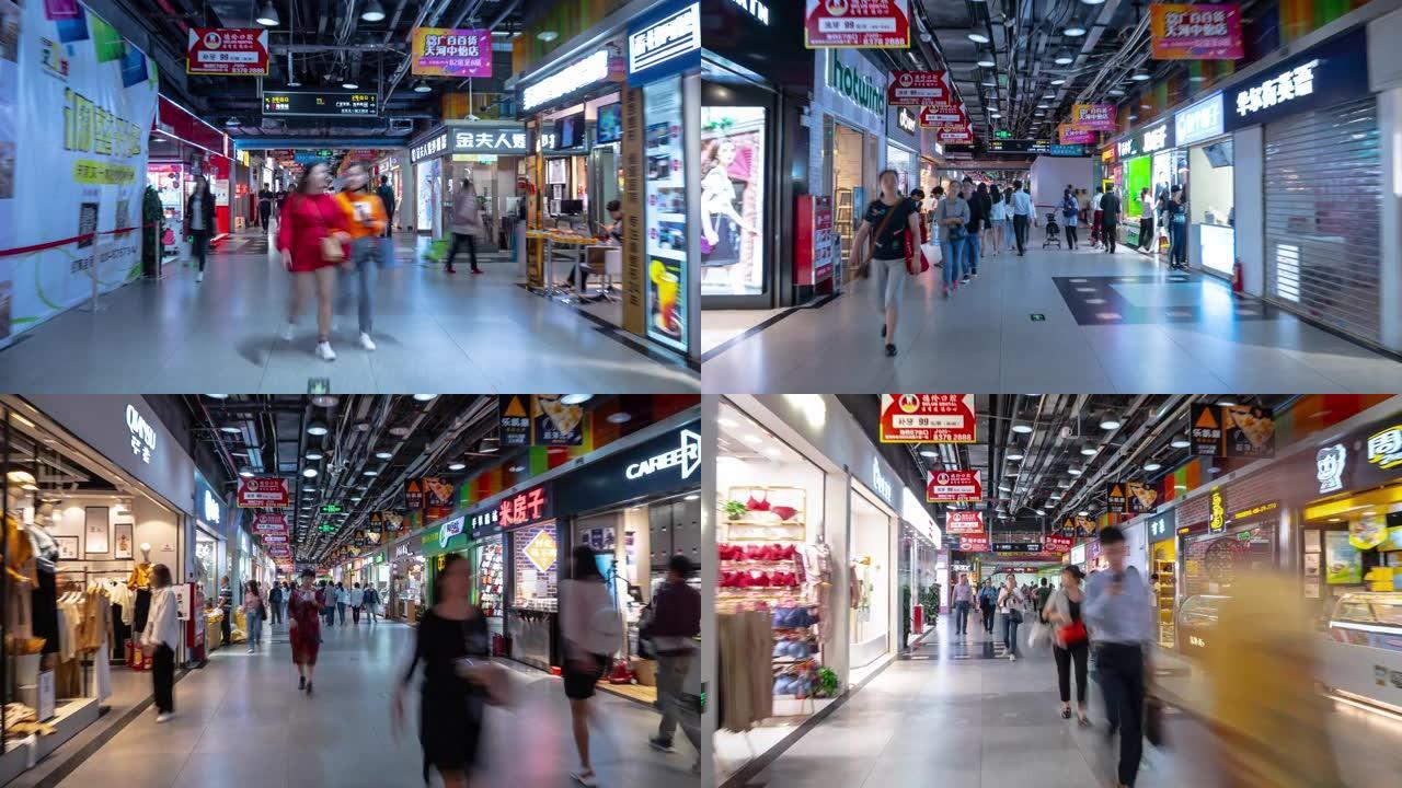 广州市著名的拥挤地下购物中心步行全景延时4k中国