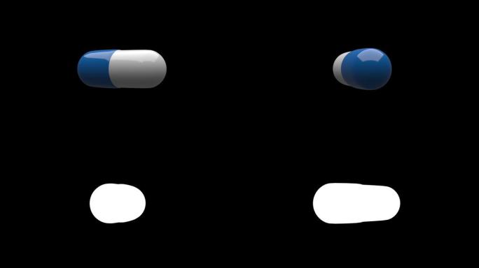 白蓝色药丸孤立旋转。无缝循环。阿尔法通道/亮度哑光。4K UHD。3d渲染。