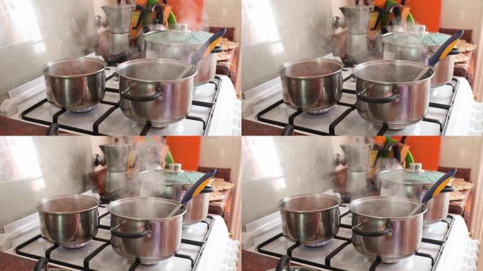 烹饪食物，锅和锅中的蒸汽