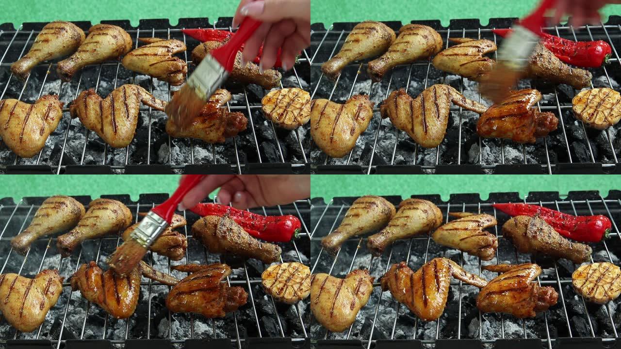 烤鸡腿鸡翅烧烤烧烤炉烹饪过程用腌料润滑脂