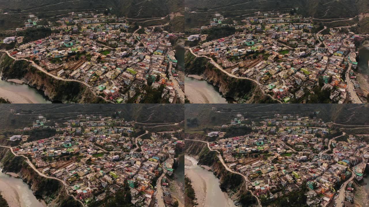 印度北阿坎德邦喜马拉雅城市的空中射击/无人机射击