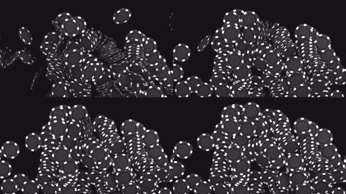 3D运动。一组黑色和白色的扑克筹码落在黑色的镜面上。赌博娱乐，赌场。特写，顶视图